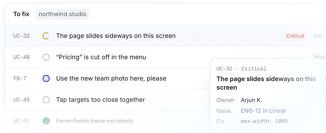 UICheck issue list with severity, owner and Linear ticket